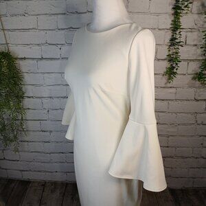 CALVIN KLEIN  BOAT NECK 3/4 BELL SLEEVE SHEATH DRESS, WHITE, SIZE 4